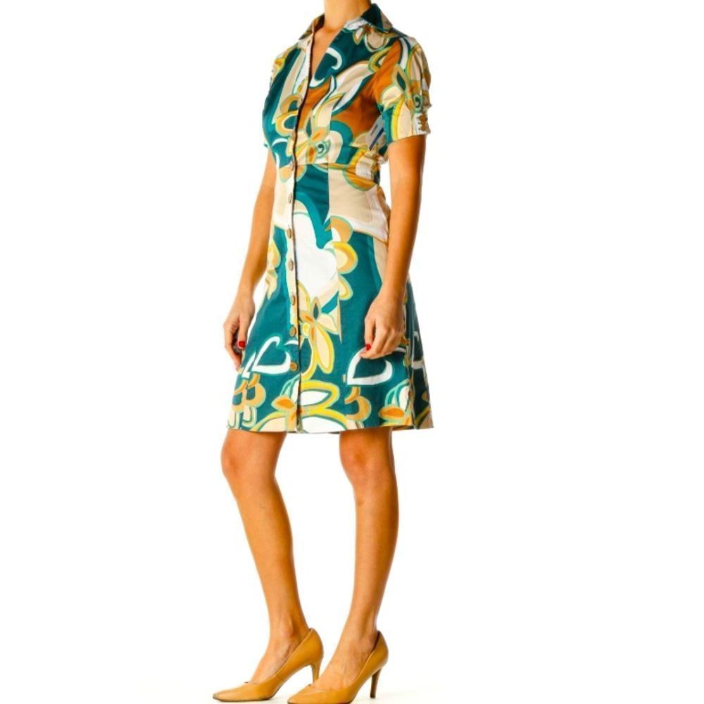 The Limited size 10 blue tan retro short sleeves flattering button down dress